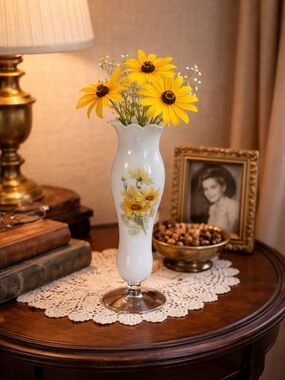 Vintage Daisies White Glass Footed Bud Vase